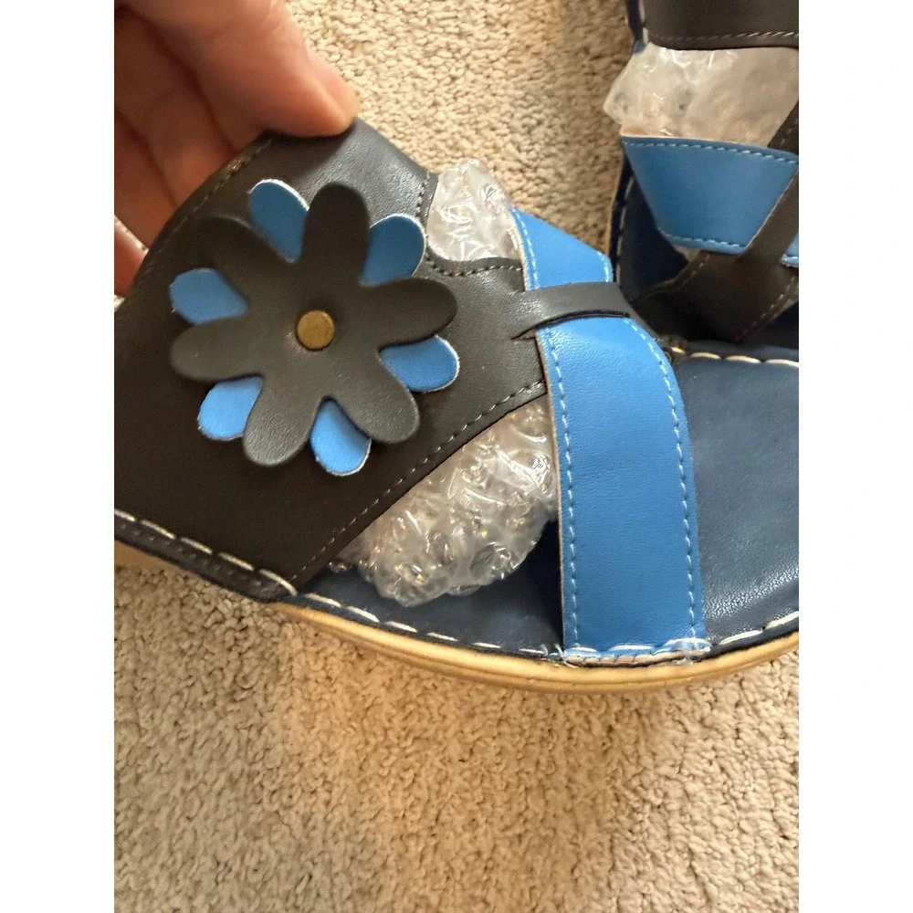 Bunion Corrector Navy & Red Leather Flower Wedge Sandals‎ Size 38 EU Gently Worn